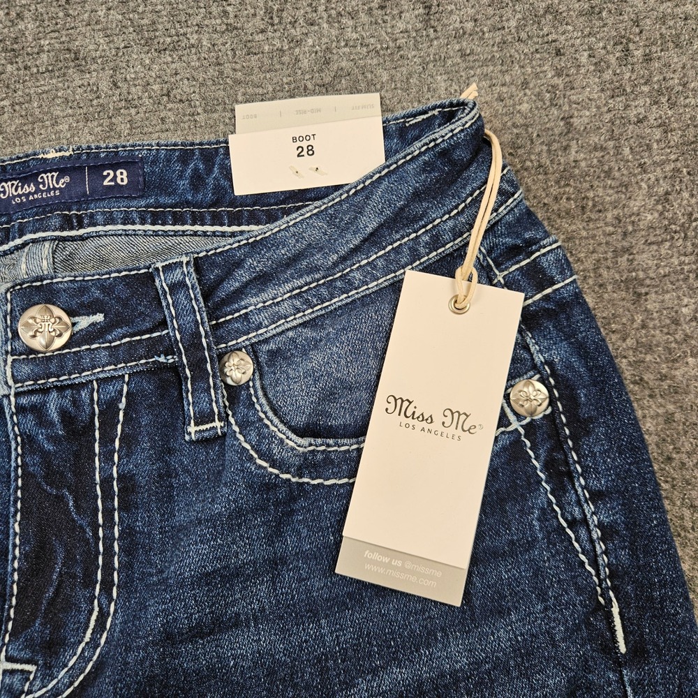Miss Me Mid-Rise Bootcut Jeans 28x32 Dark Wash Embellished M3444B87MV NEW - Picture 9 of 11